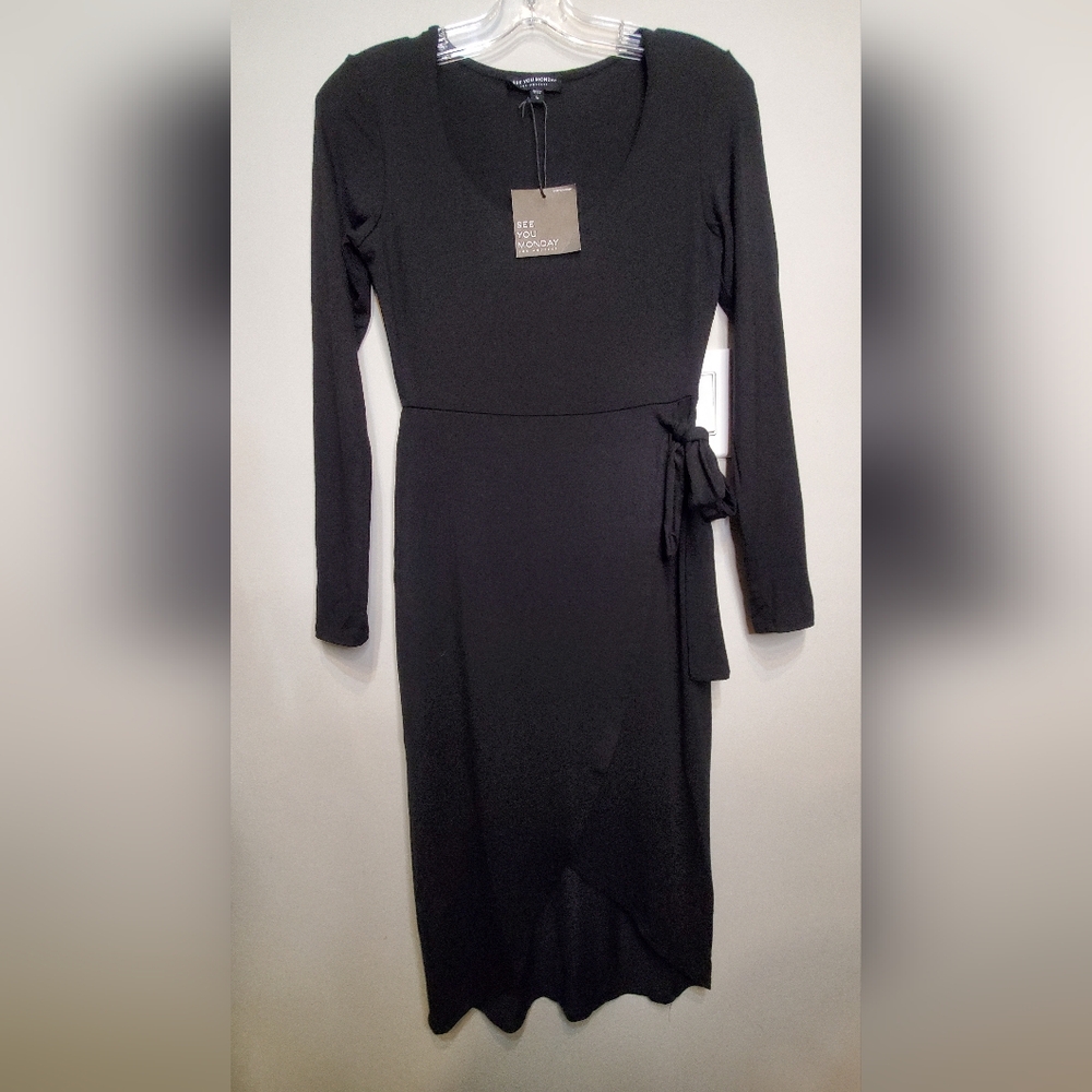 103. See You Monday Long Sleeve Faux Wrap Dress